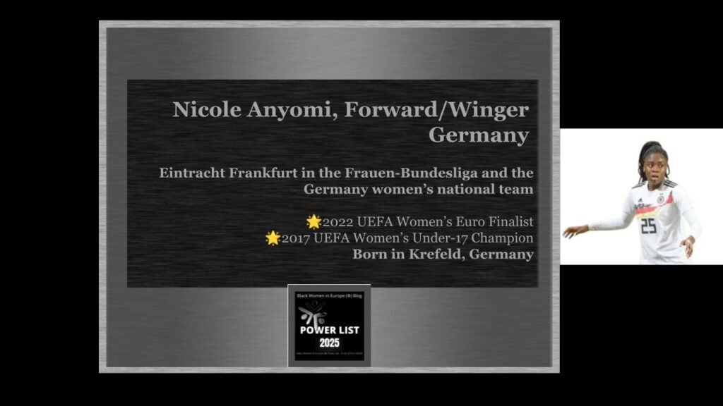Nicole Anyomi in football uniform. Her career highlights are listed.