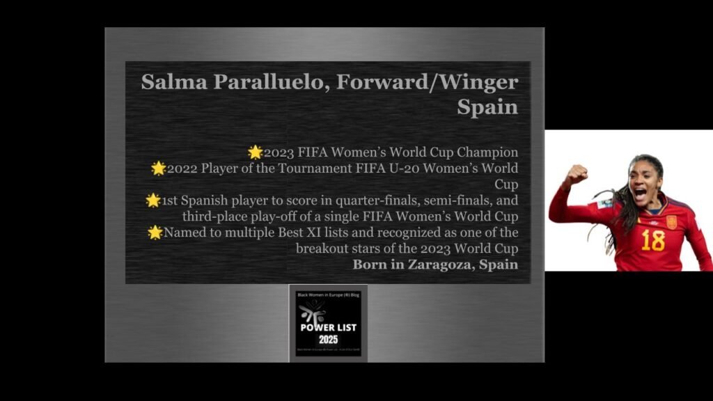 Salma Paralluelo in her football uniform with her accomplishments listed.
